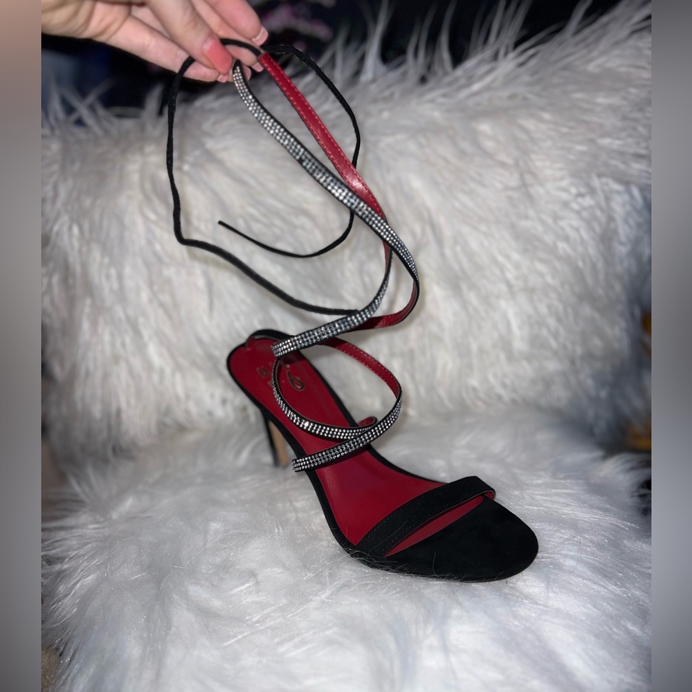 Black heels with rhinestones leg straps
